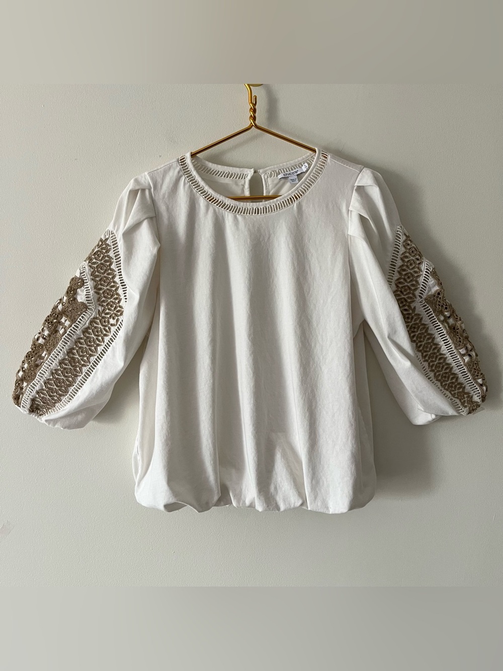 Chicos Ivory Cotton Knit Blouson Top Embroidery Crochet Balloon Peasant Sleeve L